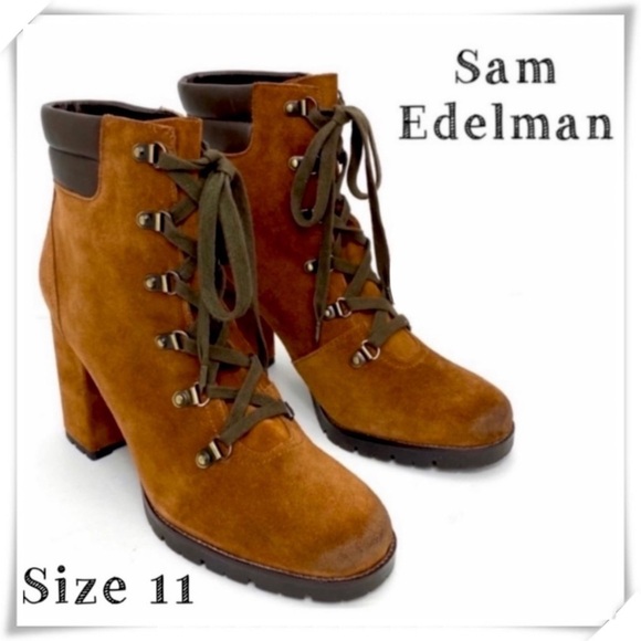Sam Edelman Carolina Suede Lace up Hiker Heeled Boot in Camel Tan Size 11 - Picture 1 of 11